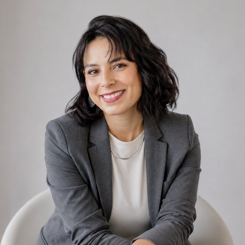 Giselle Madureira, psicóloga clínica, sorrindo, de blazer cinza, sentada em uma poltrona branca